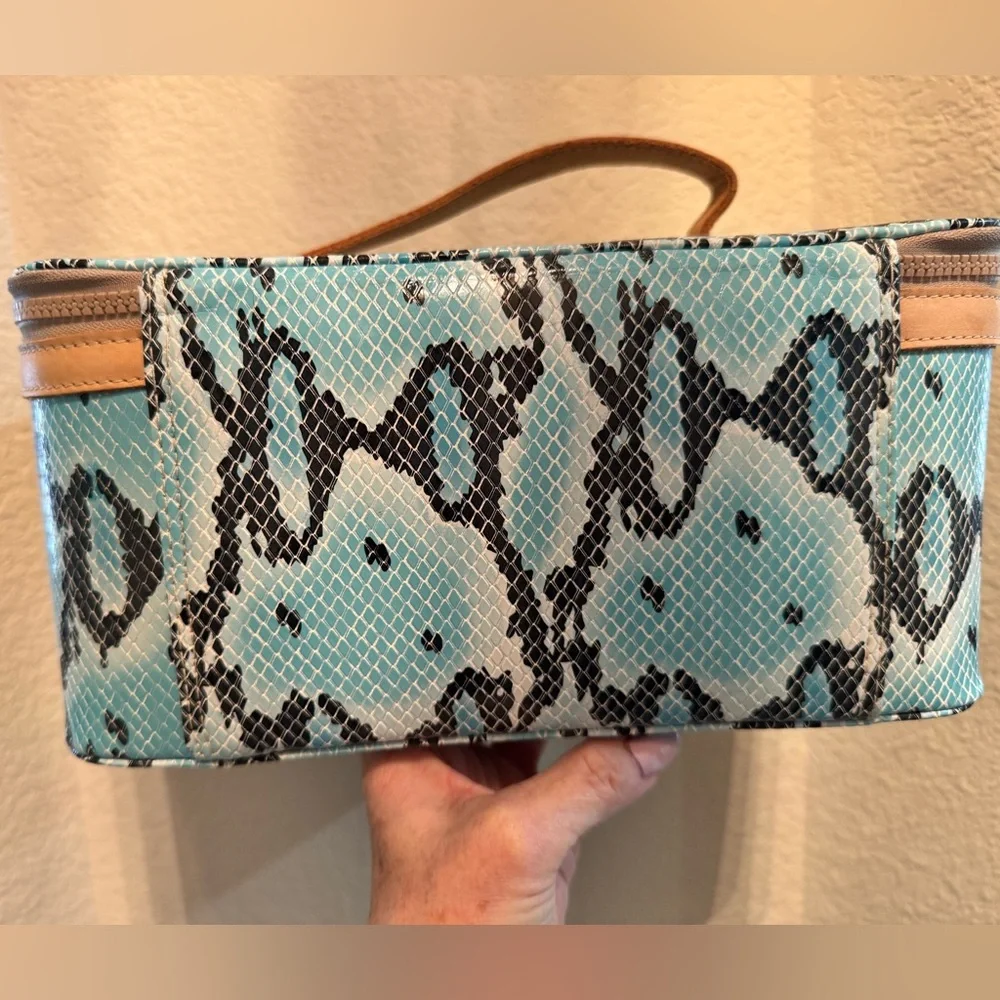 Consuela Snake-Print Blue Train Case with Tan Leather Trim - Picture 4 of 6